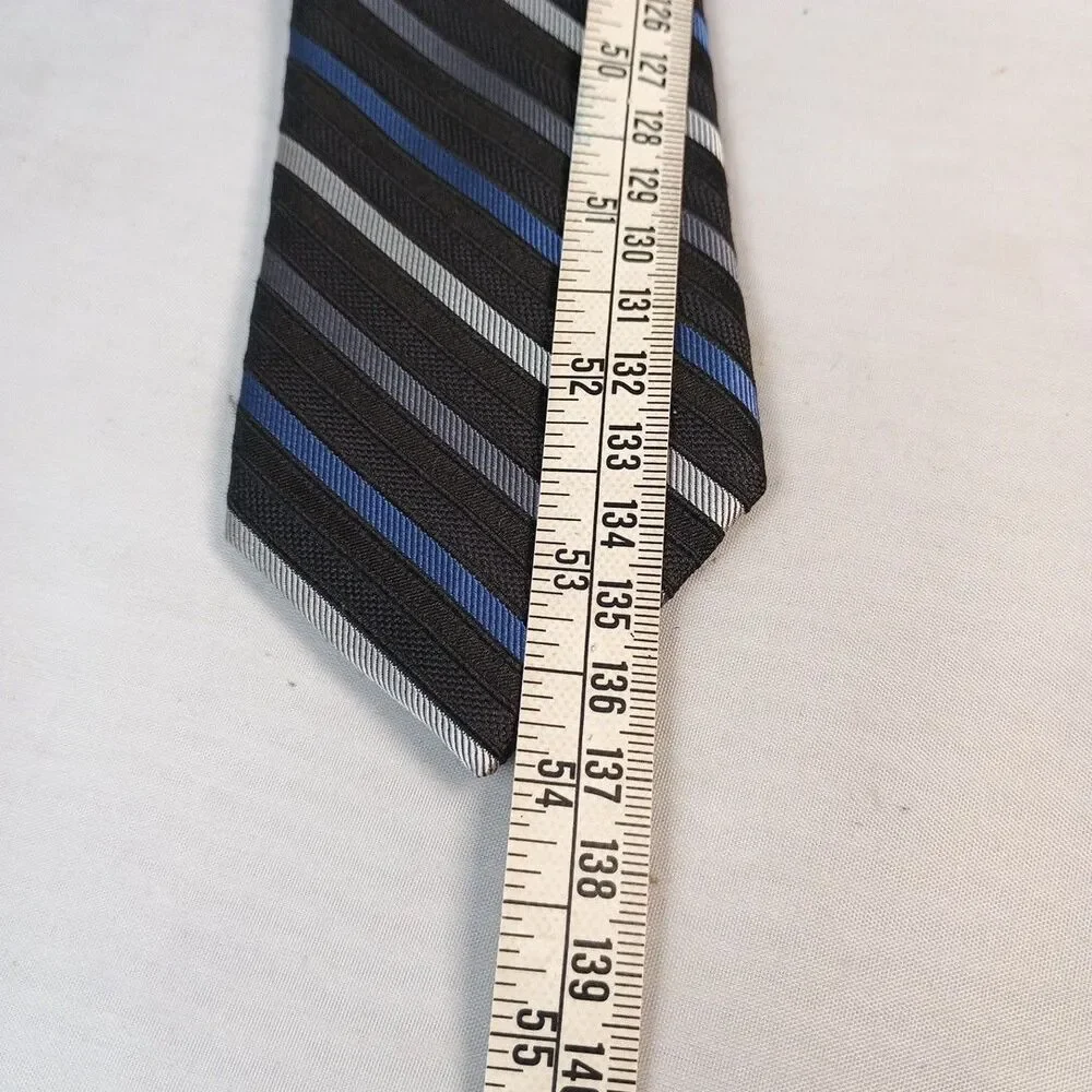 Calvin Klein REPP Stripe Tie Black Blue‎ Silver 100% Silk Men's Neck Tie 54